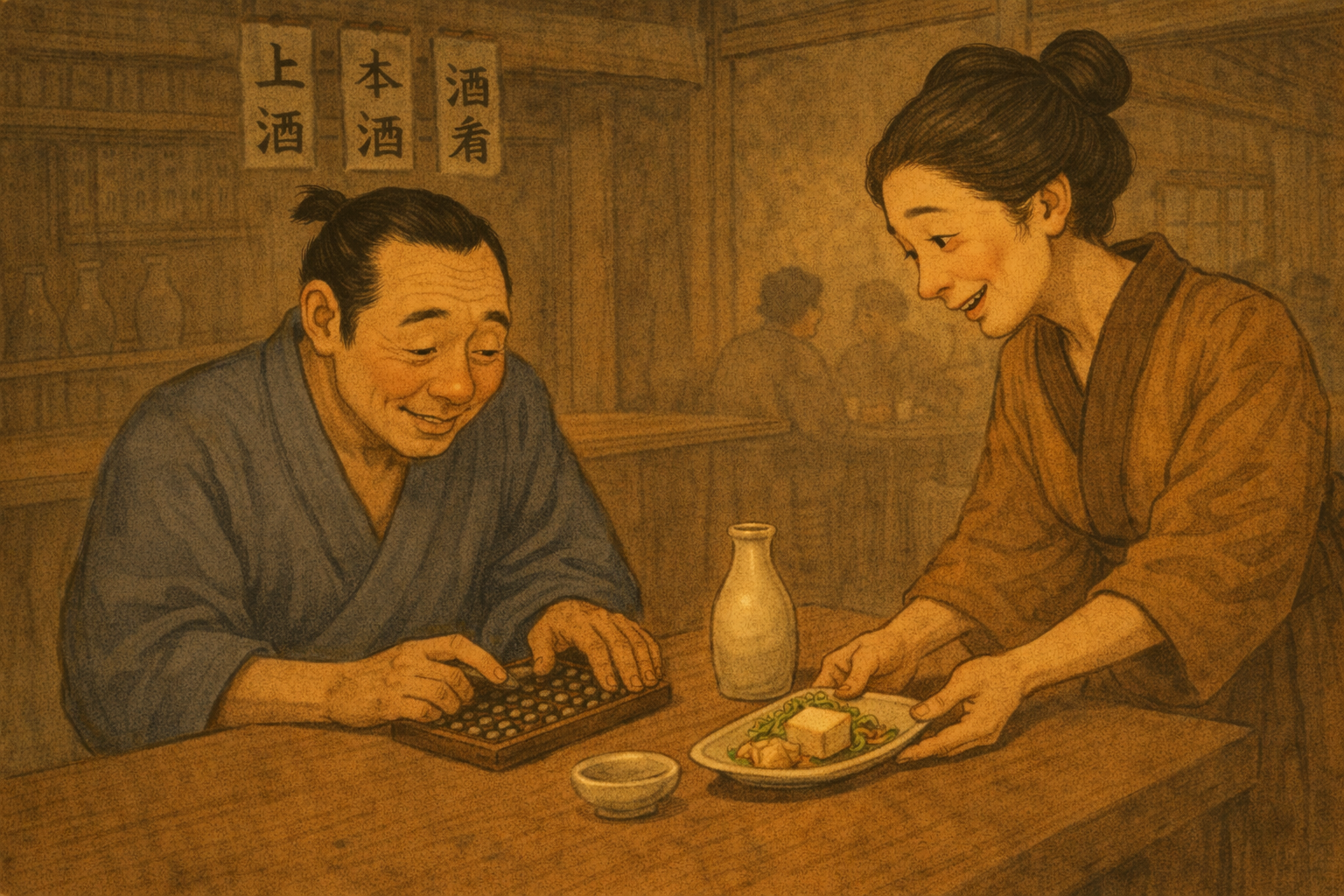 Small set of sake and simple dishes