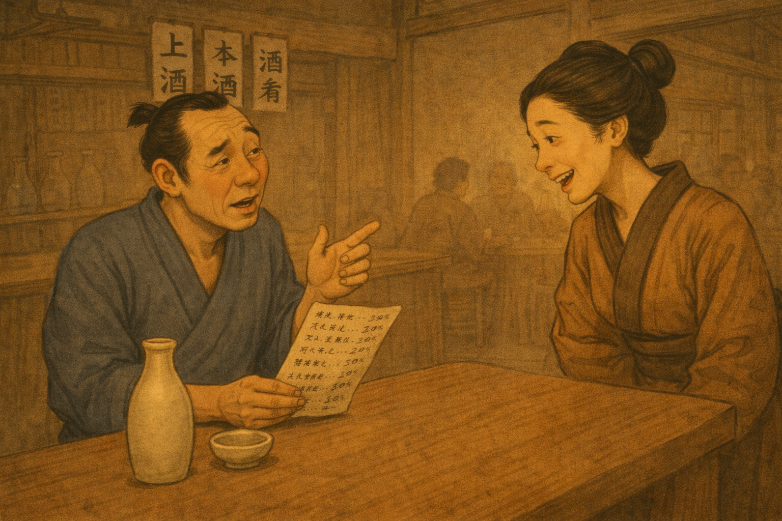 Customer and proprietress talking over the counter