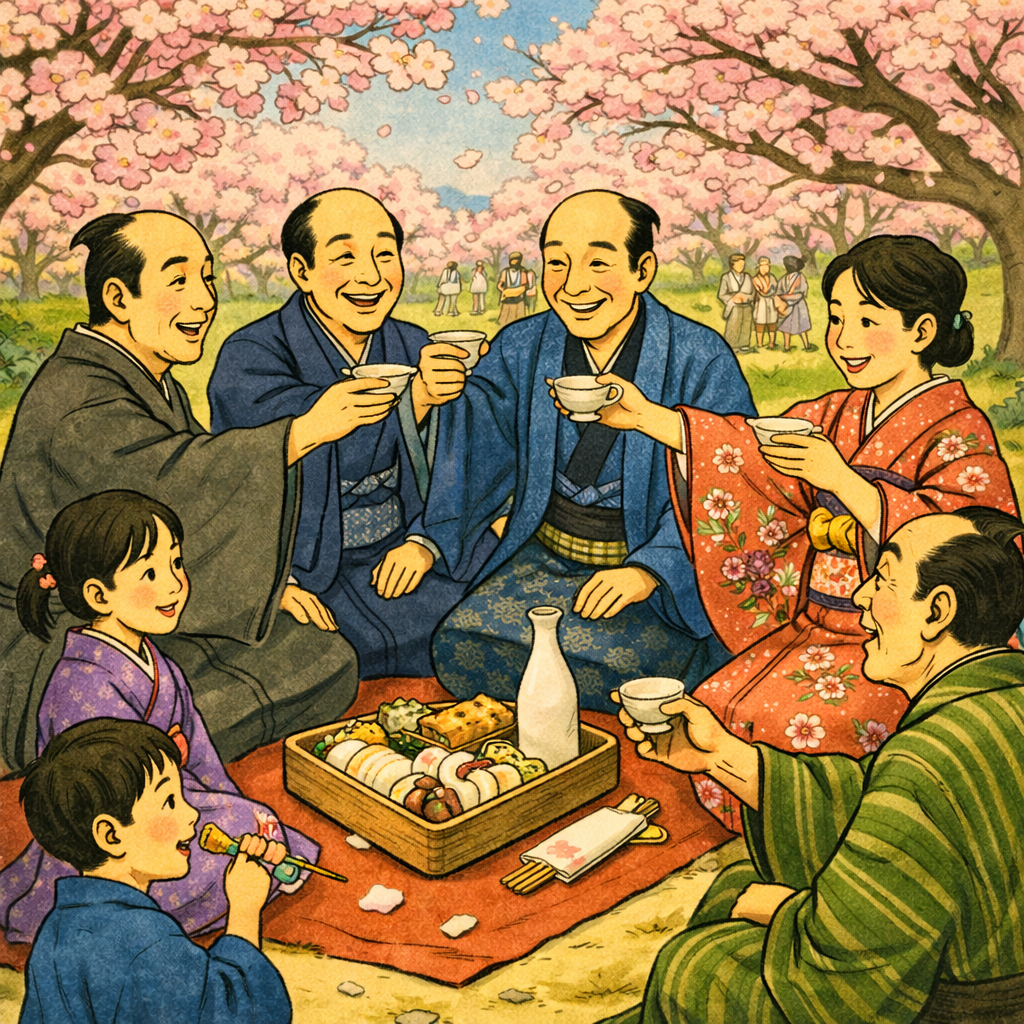 Group enjoying hanami under cherry trees