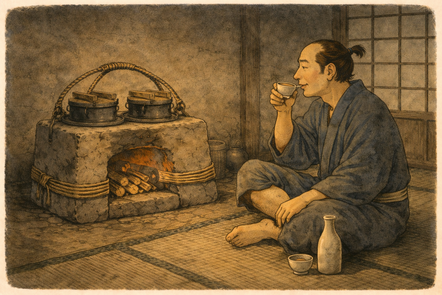 Man drinking sake in front of the hearth