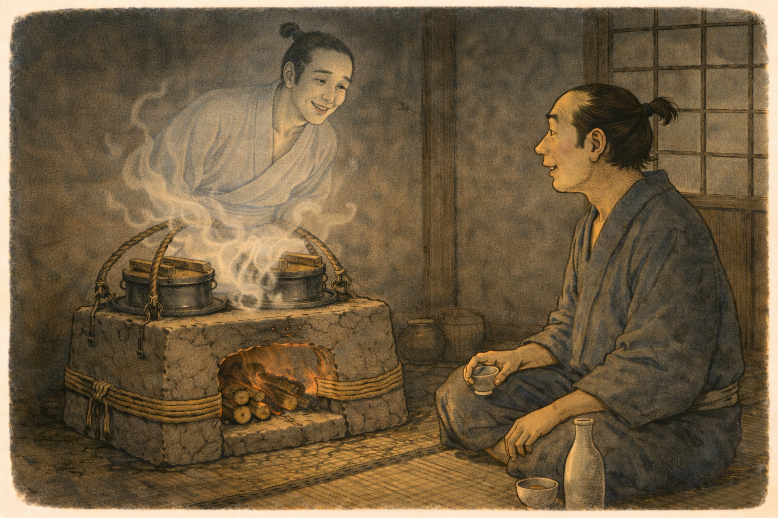 Ghost rising from the hearth in a dim room