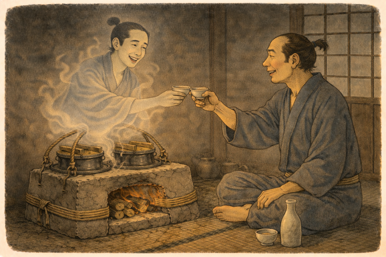 Man and ghost sharing sake cups by the hearth