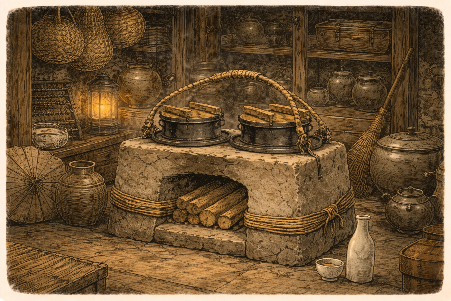 Old earthen hearth in a dim storehouse