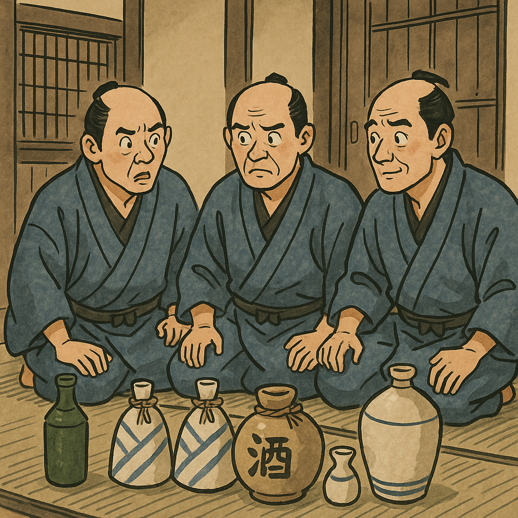 Officials with confiscated sake at the guardhouse