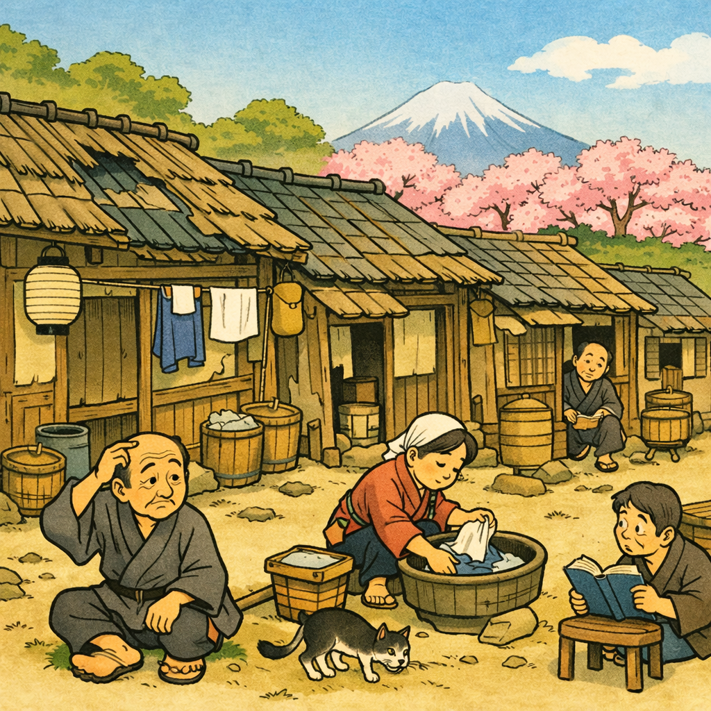 Edo tenement houses with cherry blossoms