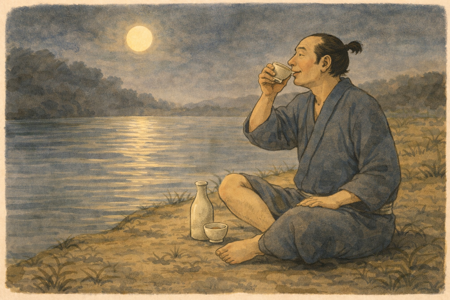 Man drinking sake by the river at night