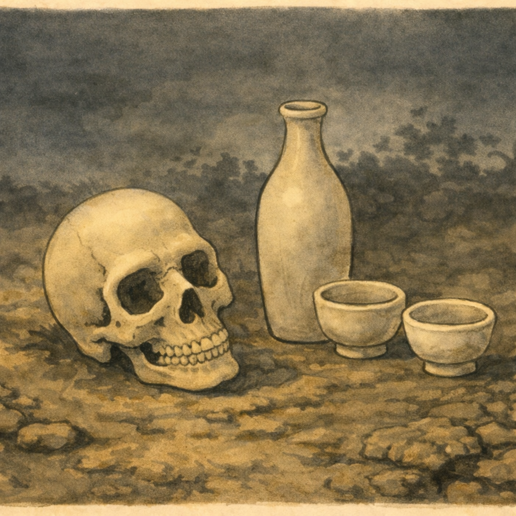 Riverside at night with a lone skull