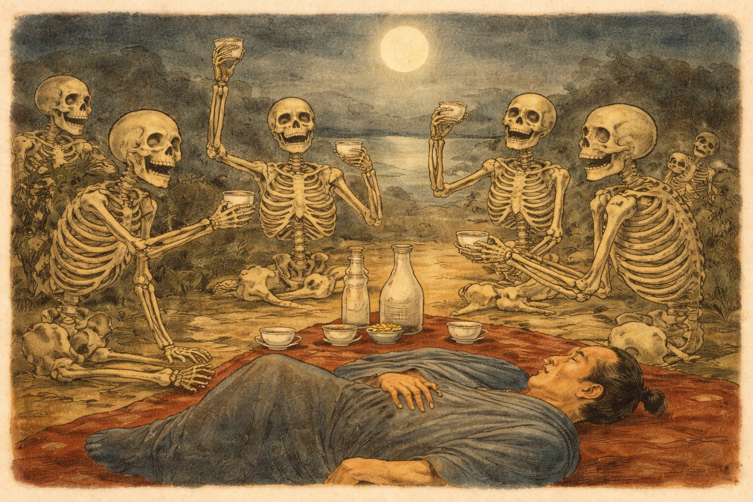 Skeletons having a sake party under the moon