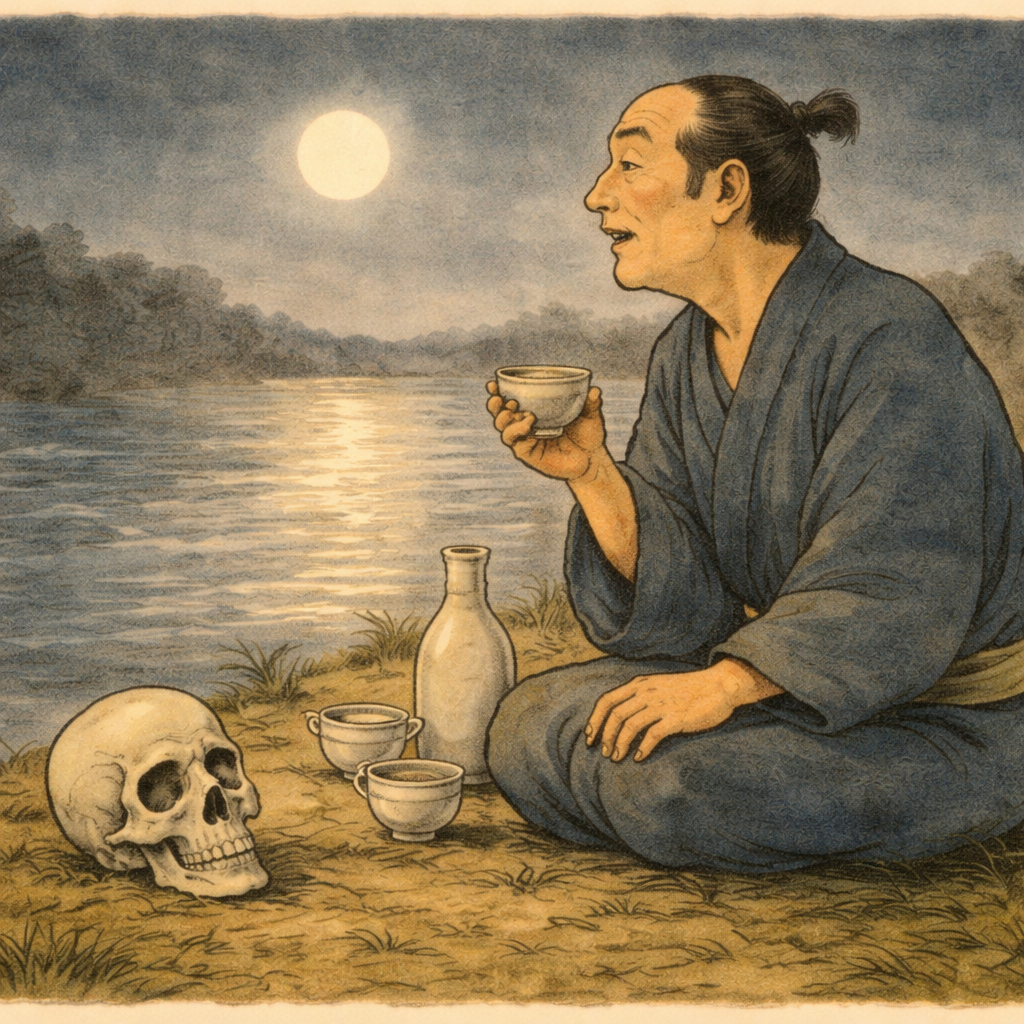 Skull with sake flask and cups placed before it