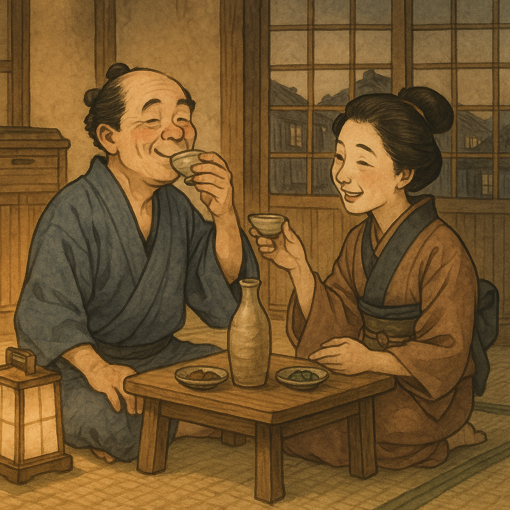 Husband and wife with sake at home in Edo